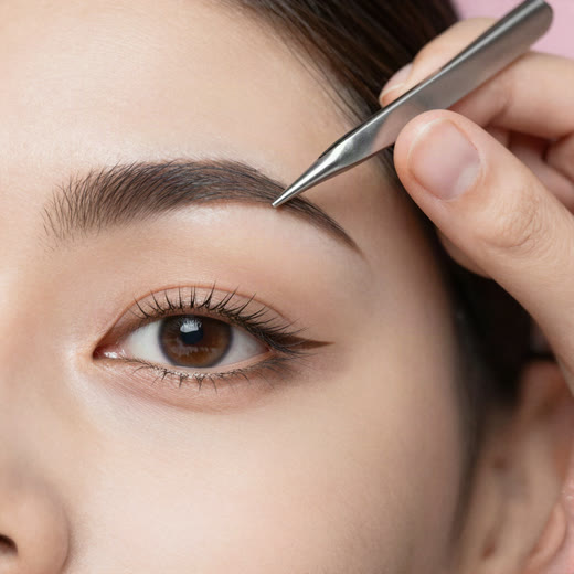 An esthetician shaping a client's eyebrow with tweezers